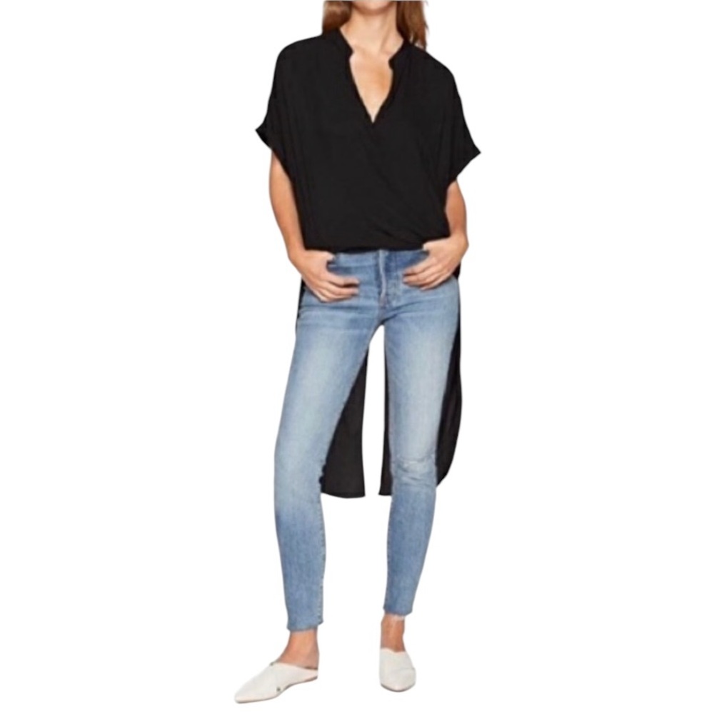 BCBGeneration navy blue high low button down top with tails